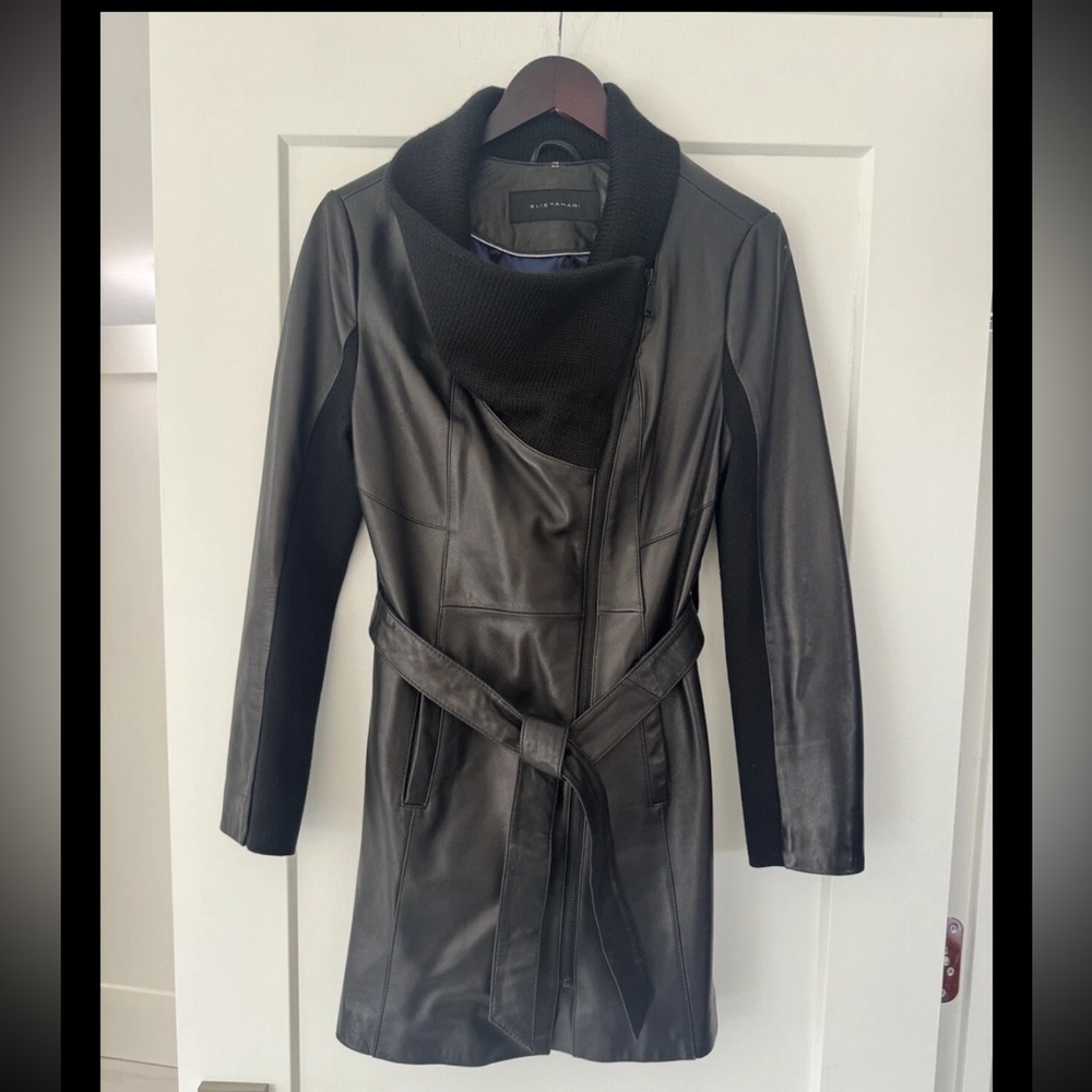 ELIE TAHARI Genuine Lamb Skin Black Leather Coat. Knit Collar. Asymmetric Zip. M